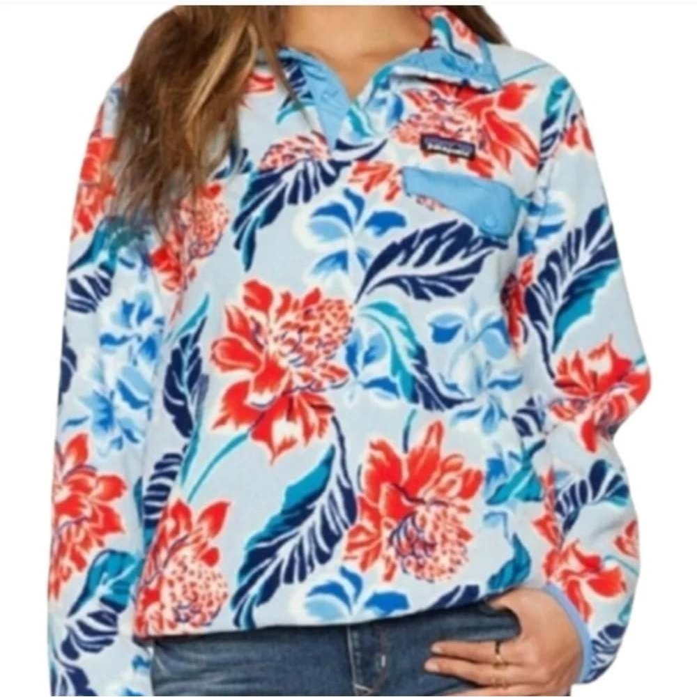 Patagonia Synchilla Snap-T Fleece Pullover Floral Red Blue Hibiscus Medium Flaw